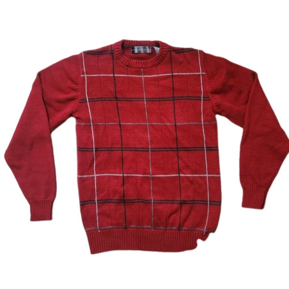 Oscar de la Renta Knit Sweater Red Black Gray Plaid Cotton Long Sleeve Mens Sz S